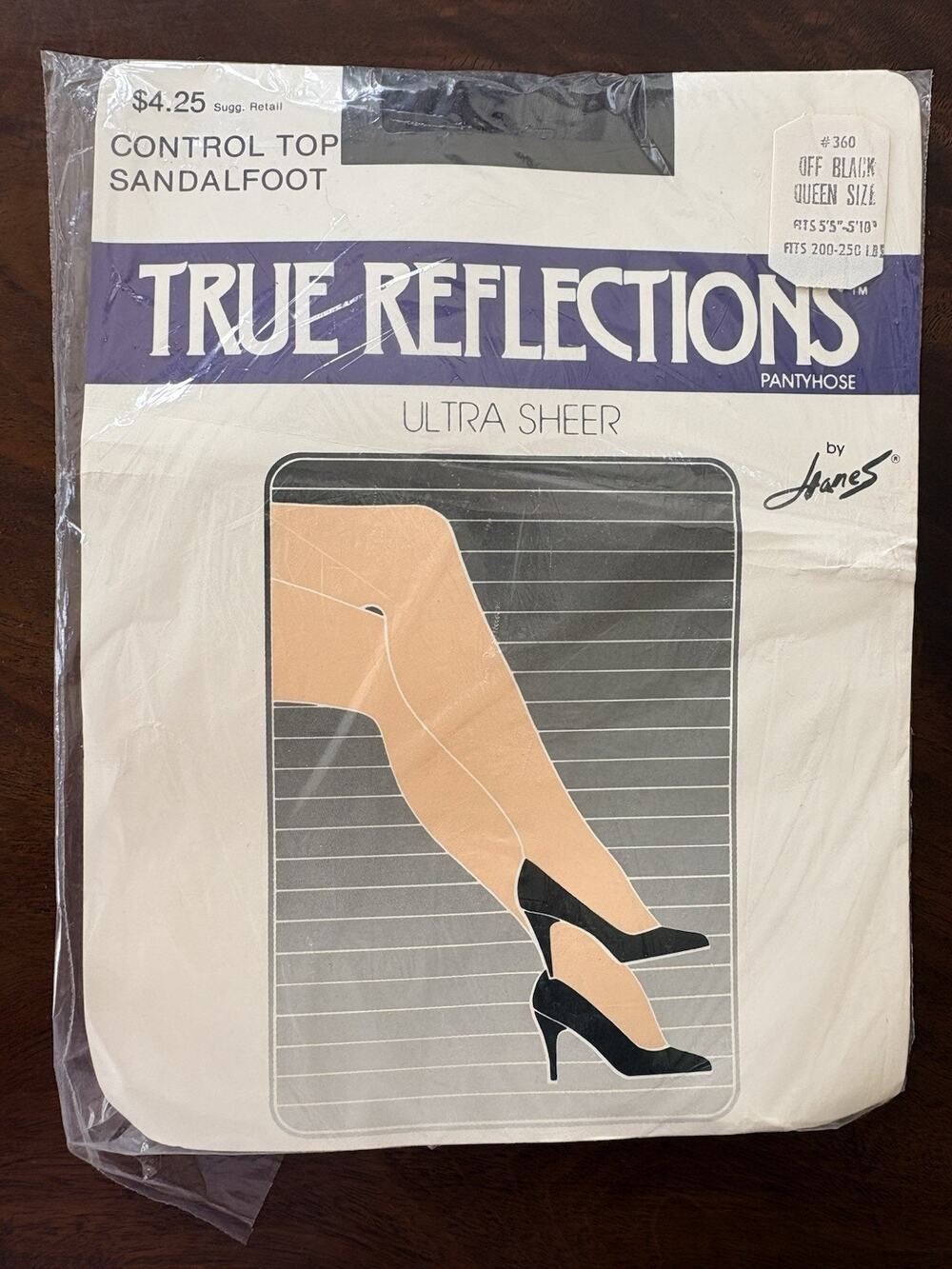 Hanes True Reflections Pantyhose #360 Off Black Queen Control Top Sandalfoot VTG
